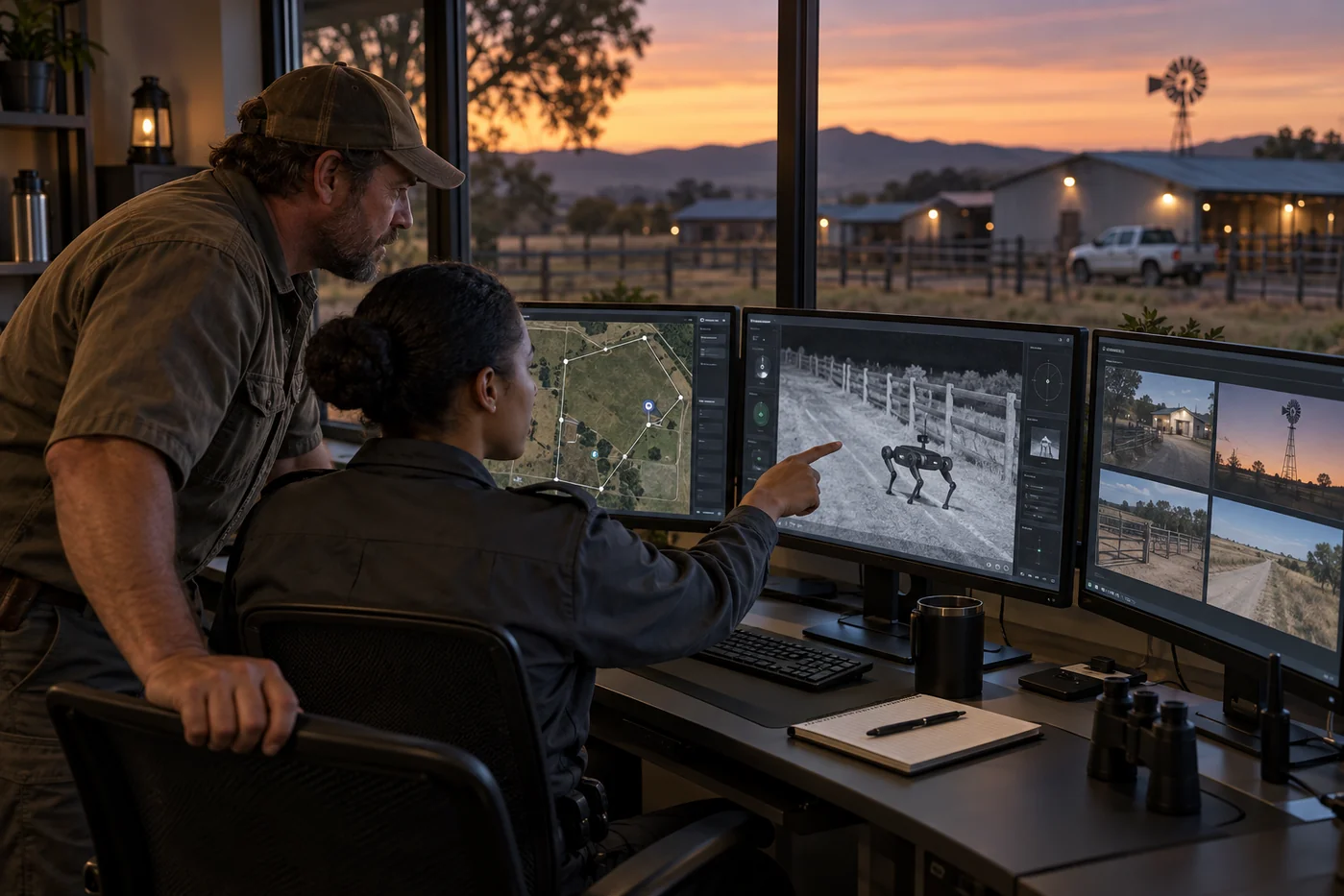 Concept image of a farmer and security operator reviewing patrol information together