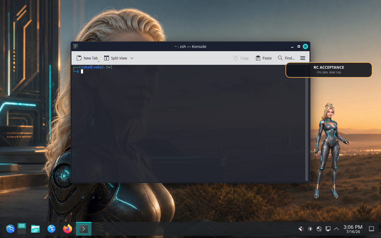 Vuka OS RC12 KDE Plasma desktop with Seven companion and terminal