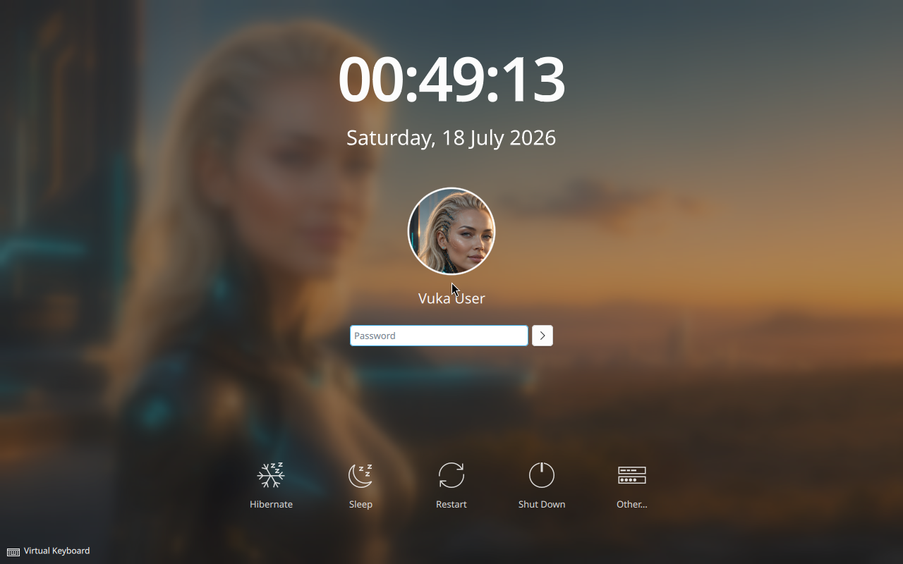 Vuka OS RC13 installed login screen